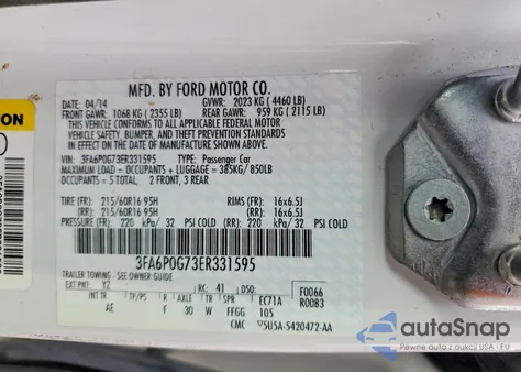 2014 Ford Fusion S z USA, uszkodzony, nr VIN 3FA6P0G73ER331595